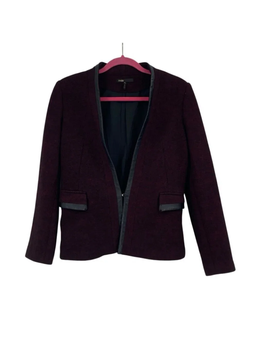 Maje Size 38 Medium Burgundy Wool Blazer W/ Leather Trim Jacket Fitted